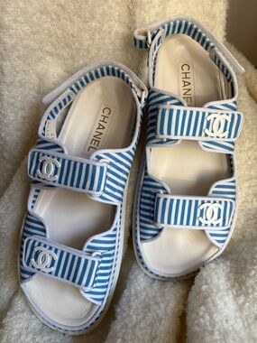 Chanel Logo Blue & White Dad Sandals Size EU39/US9 Authentic RARE